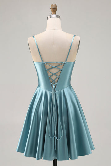 Corset Satin Grey Green A-line Short Prom Dress